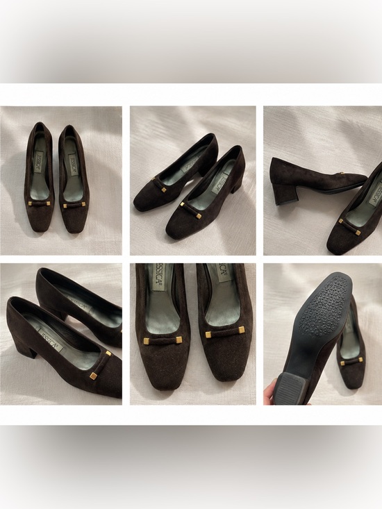 Jessica Shoes - Jessica Dark Brown Suede Block Heel Pumps with Gold Accent